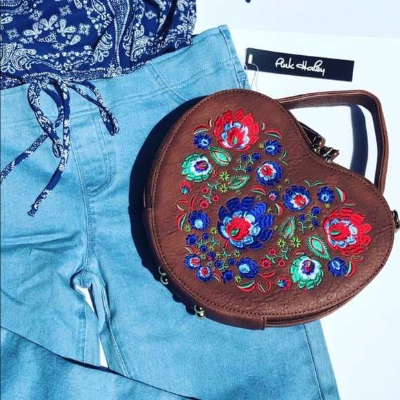 Heart Shaped Embroidered Bag Vegan Leather
